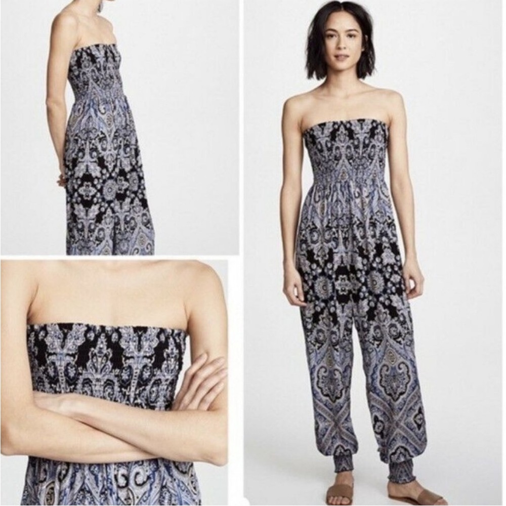 Free People Thinking of You Jumpsuit Boho Print Smocked Sz Small Strapless Comfy
